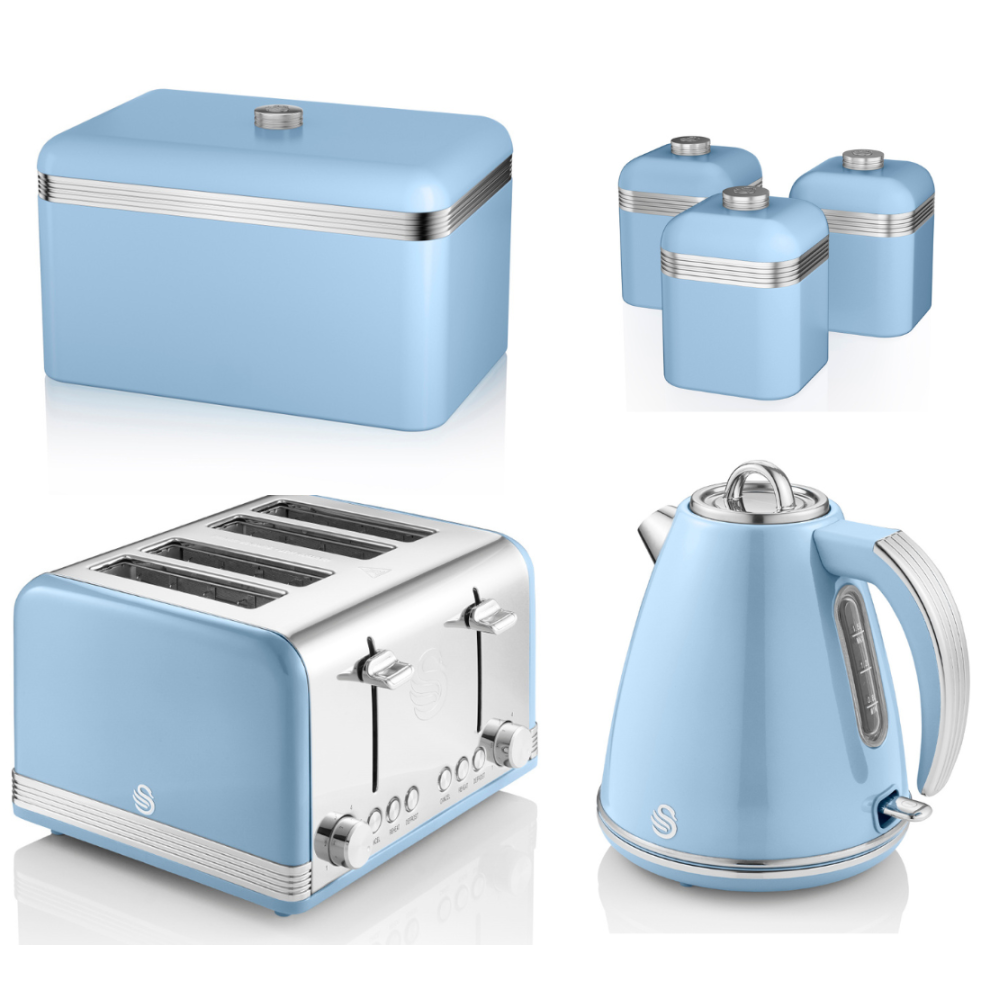 SWAN Retro Blue Kettle 4 Slice Toaster Breadbin Canisters Kitchen Set