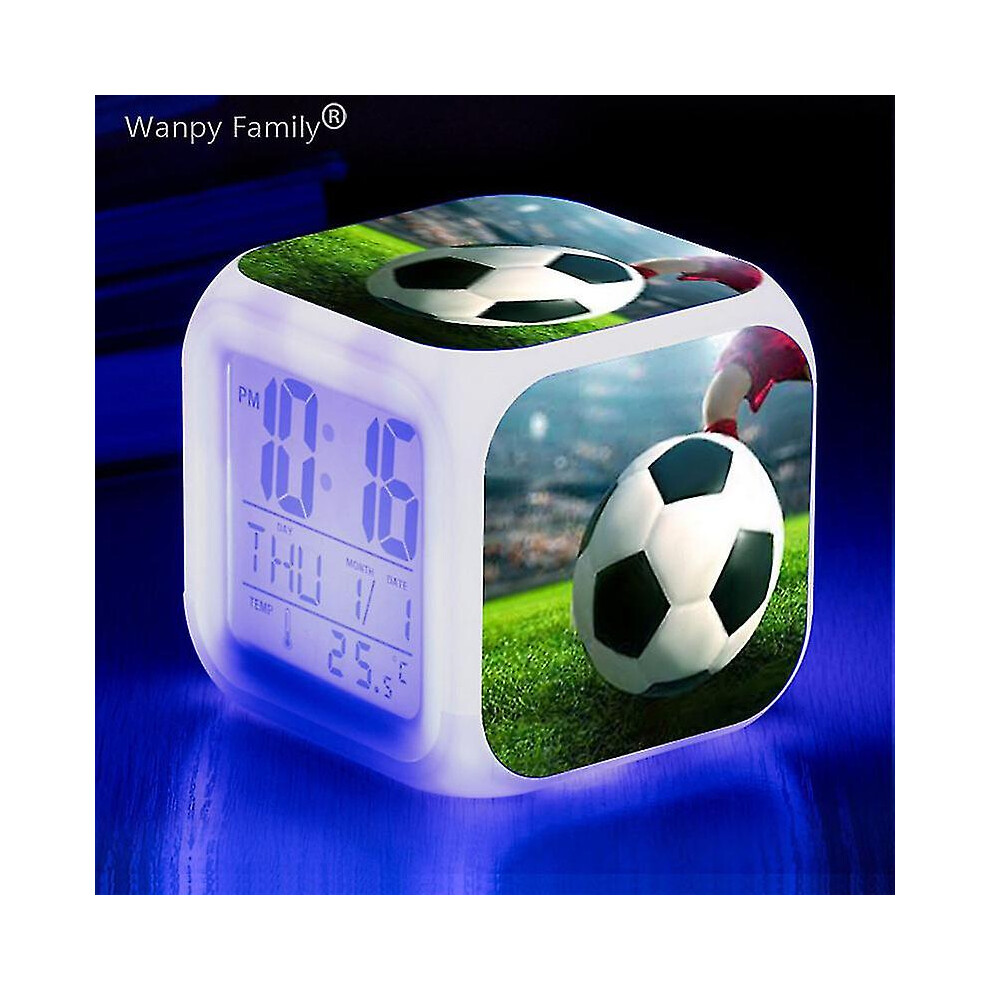 (Black) Football Alarm Clocks Kids Room 7Color Changing Multifunction Touth Sensing Glowing Desk Clock Christmas Gifts For Child Black
