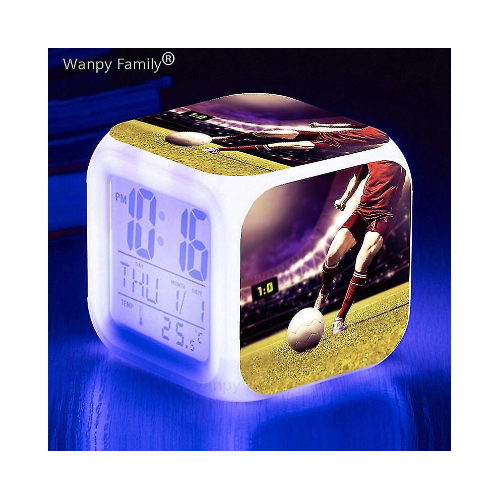 (plum) Football Alarm Clocks Kids Room 7color Changing Multifunction Touth Sensing Glowing Desk Clock Christmas Gifts For Child