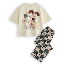 (Medium) Wallace And Gromit Short Sleeve Long Leg Pyjama Set (Womens Off-White)