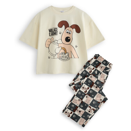 (Medium) Wallace And Gromit Short Sleeve Long Leg Pyjama Set (Womens Off-White)