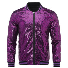 (Purple, L) Allthemen Mens Sequins Casual Zipper Party Bomber Jacket