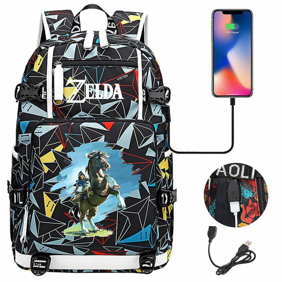 (4) Zelda Breath of the Wild Eye Game USB Backpack - Cosplay Student Schoolbag for BotW Fans - Unisex Travel Laptop Bag for Computer and Gaming