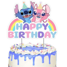 (Style D) Stitch Angel Cake Topper Glitter Pink Happy Birthday Cake Decor Party Supplies for Kids Birthday Baby Shower Decorations