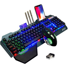 Fong Wireless Gaming Keyboard And Mouse,rainbow Backlit Rechargeable Keyboard Mouse With 3800mah Battery Metal Panel