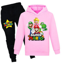(Pink, 7-8 Years) Super Mario Bros Print Kids Casual Tracksuit Set Boys Girls Hooded Sweatshirt Hoodies Tops Sports Jogging Pants Outfit Activewear