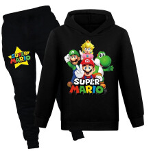 (Black, 7-8 Years) Super Mario Bros Print Kids Casual Tracksuit Set Boys Girls Hooded Sweatshirt Hoodies Tops Sports Jogging Pants Outfit Activewear