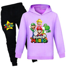(Purple, 7-8 Years) Super Mario Bros Print Kids Casual Tracksuit Set Boys Girls Hooded Sweatshirt Hoodies Tops Sports Jogging Pants Outfit Activewear