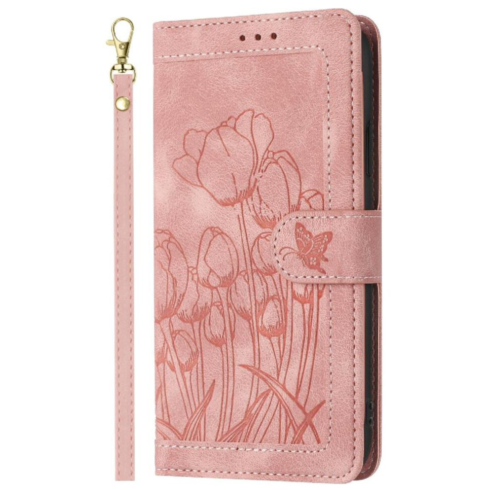 (Pink) Wallet Case For Samsung Galaxy A55 Magnetic Closure Kickstand Pu Leather Tulip Embossed Flip Case Wrist Strap Pink 764762831370
