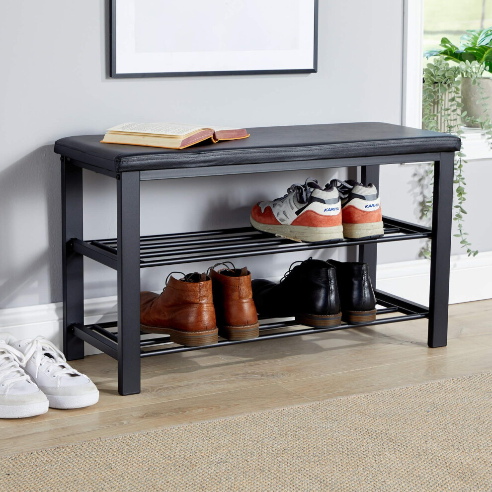 (Black PU) Metal Shoe Bench with Storage Shelfs