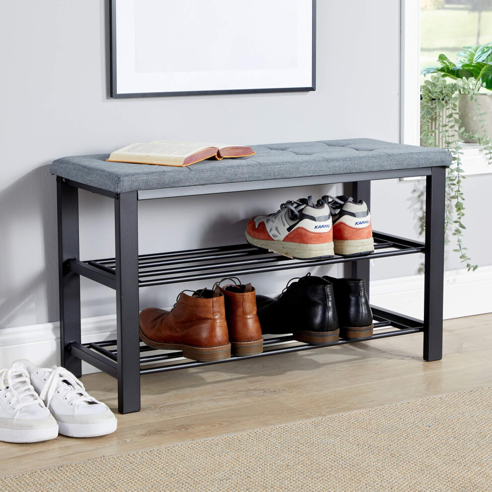 (Grey Linen) Metal Shoe Bench with Storage Shelfs