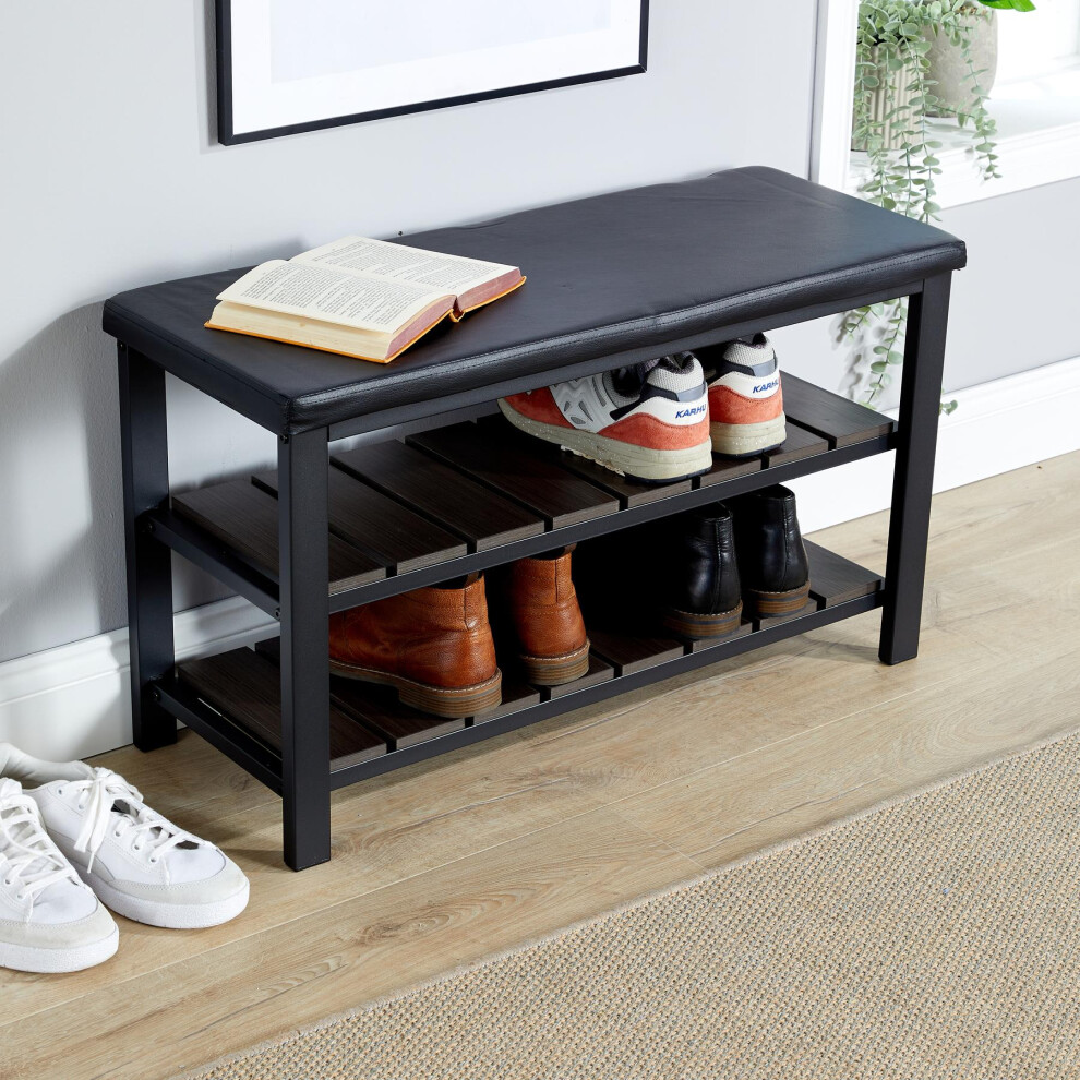 Black Metal Shoe Bench with Two Storage Shelves