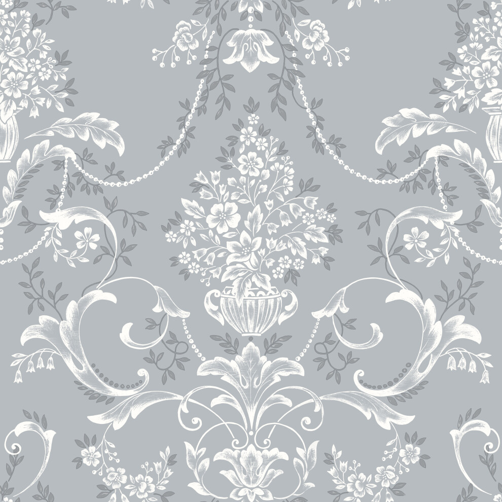 (Full Roll) Rasch Amelie Damask Blue White Wallpaper Roll 5061018358007