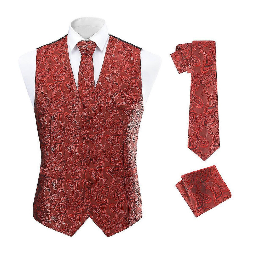 (M, Red) Allthemen Mens 3-Piece Vest Tie Set Wedding Paisley Jacquard Suit Vests&Tie&Pocket Square-image-OPC-PFMHV6B-NEW