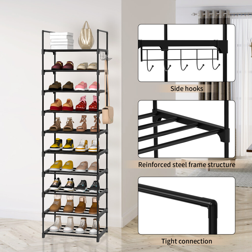 10 Tier Shoe Rack Stand Footwear Organiser Storage Metal Shoe Shelf  with Hooks