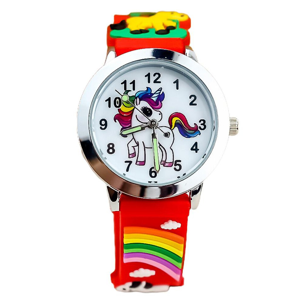 (Red) Children Kids Girls Silicone Cartoon Unicorn Rainbow Watch Fashion Quartz Wrist Watch Gifts Red