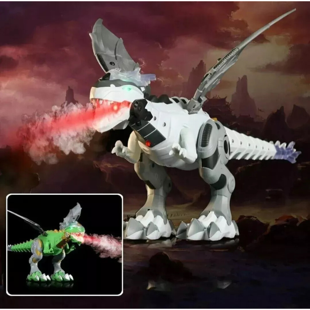 Sammar Gifts Dinosaur Electric Walking Dragon Toy Led Fire Breathing Water Spray White/Green