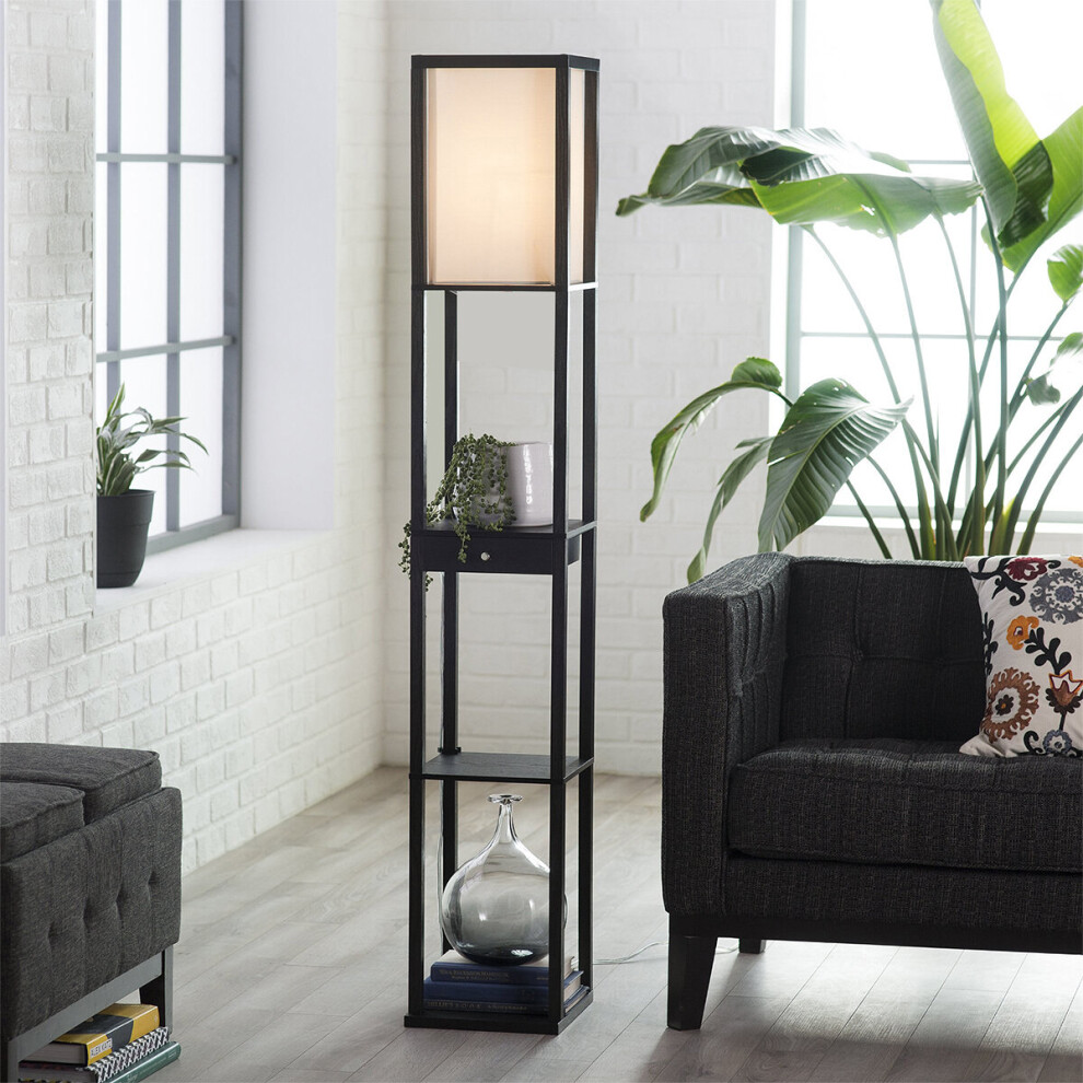 (Black (with a bulb, 2 USB ports and 1 drawer)) LED Floor Lamp Modern with Shelves Storage Display