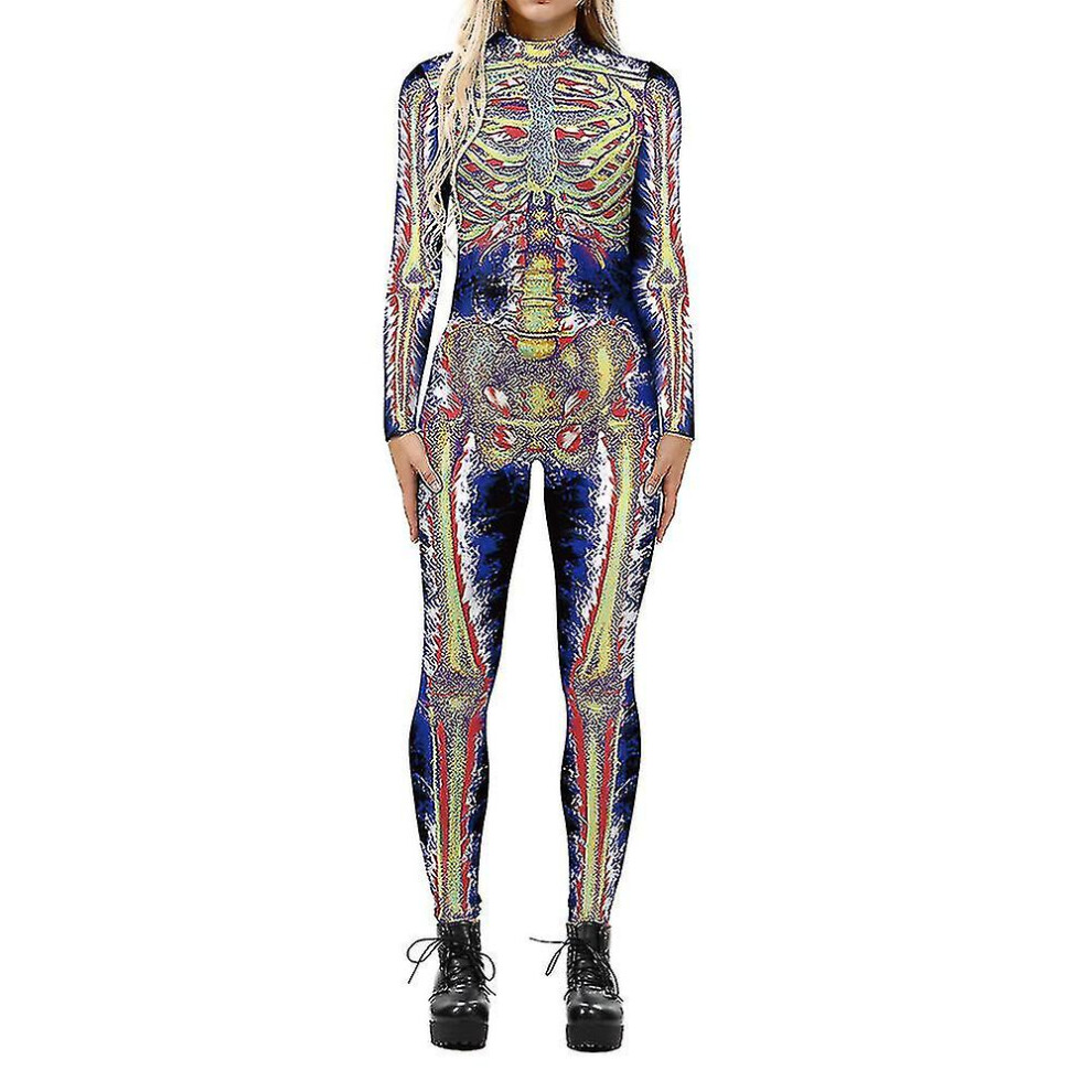 (L, Colorful) Ladies 3d Skull Print Jumpsuit Halloween Party Skinny One-piece Bodysuit-image-OPC-PFMJ7F6-NEW