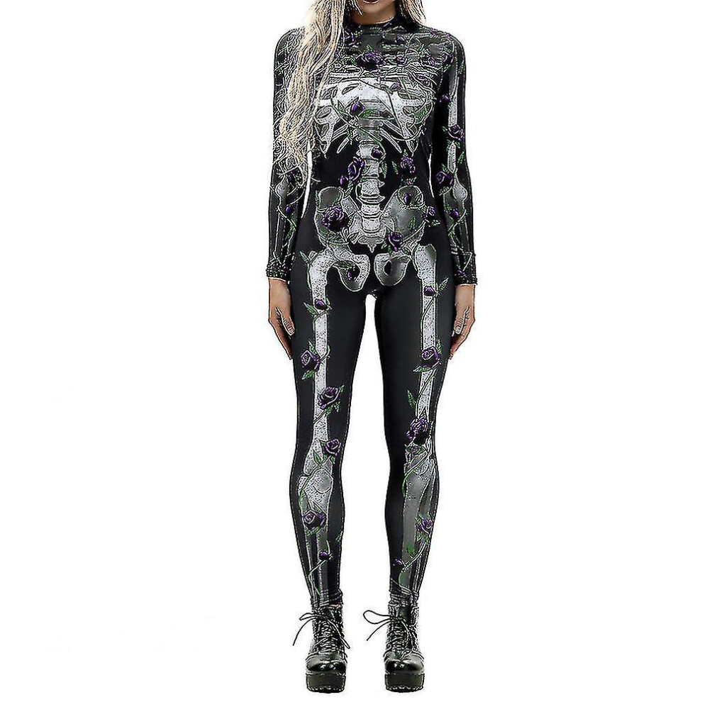 (L, Light Grey) Ladies 3d Skull Print Jumpsuit Halloween Party Skinny One-piece Bodysuit-image-OPC-PFMJ7DZ-NEW