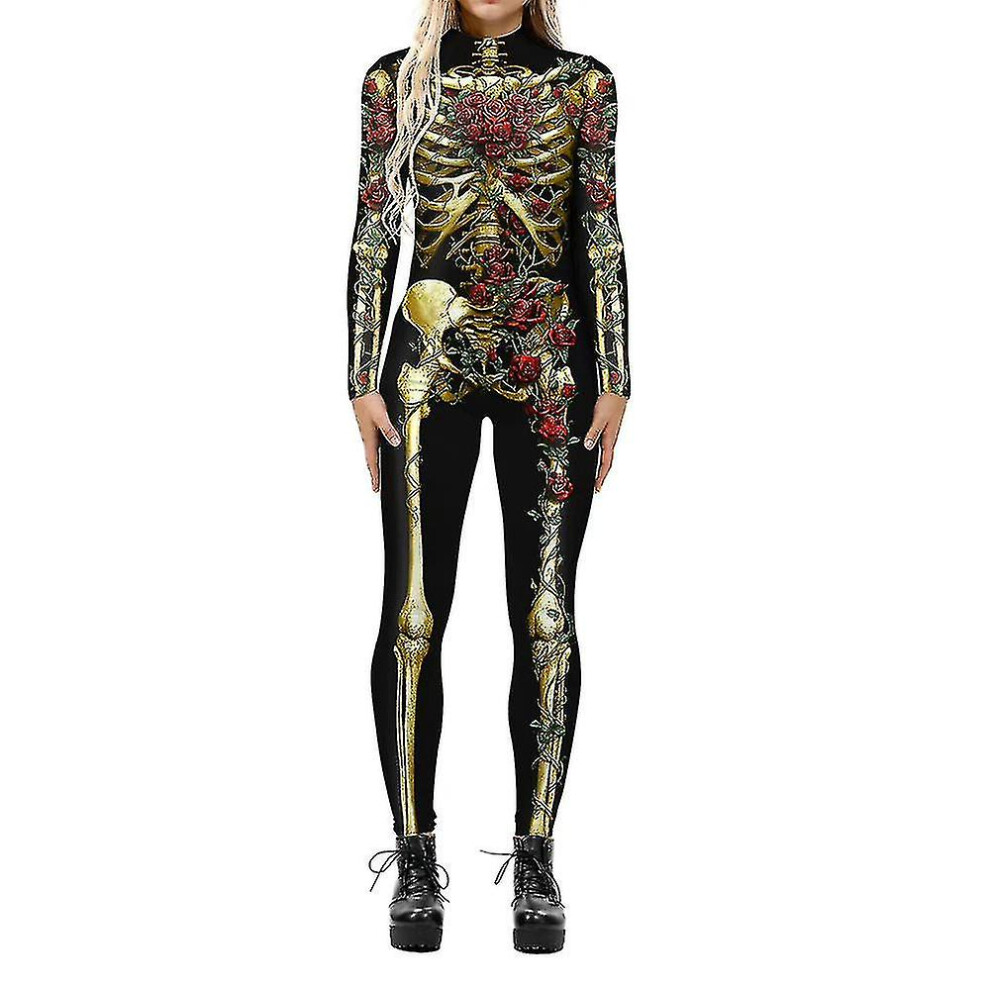 (XL, Black and Yellow) Ladies 3d Skull Print Jumpsuit Halloween Party Skinny One-piece Bodysuit-image-OPC-PFMJ7FJ-NEW