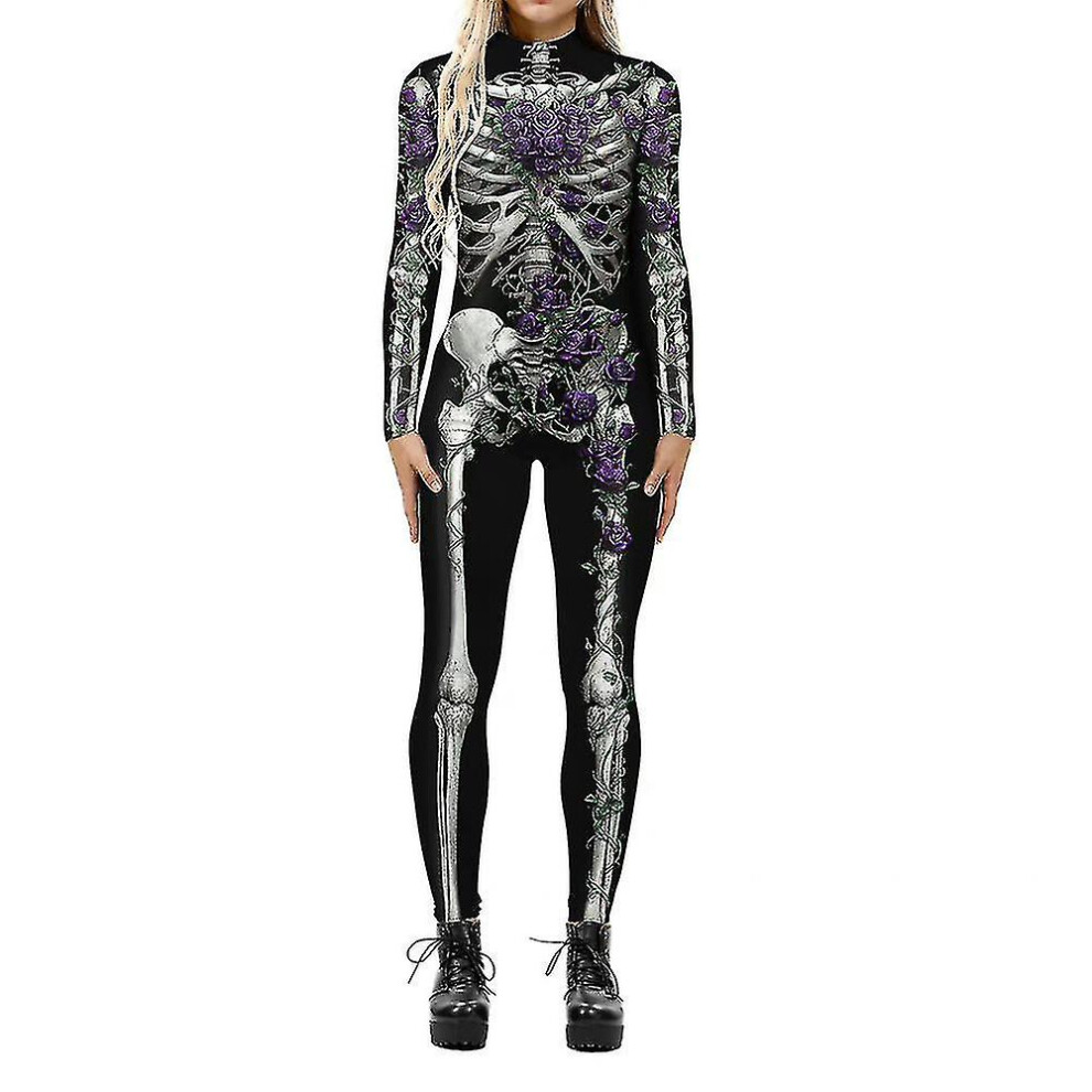 (XL, Black and Purple) Ladies 3d Skull Print Jumpsuit Halloween Party Skinny One-piece Bodysuit-image-OPC-PFMJ7FK-NEW
