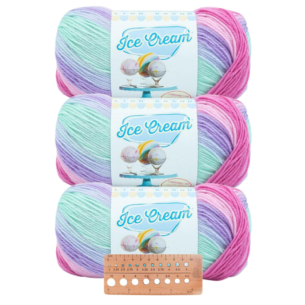 Lion Brand Yarn - Ice Cream - 3 Pack with Needle Gauge (Ube)