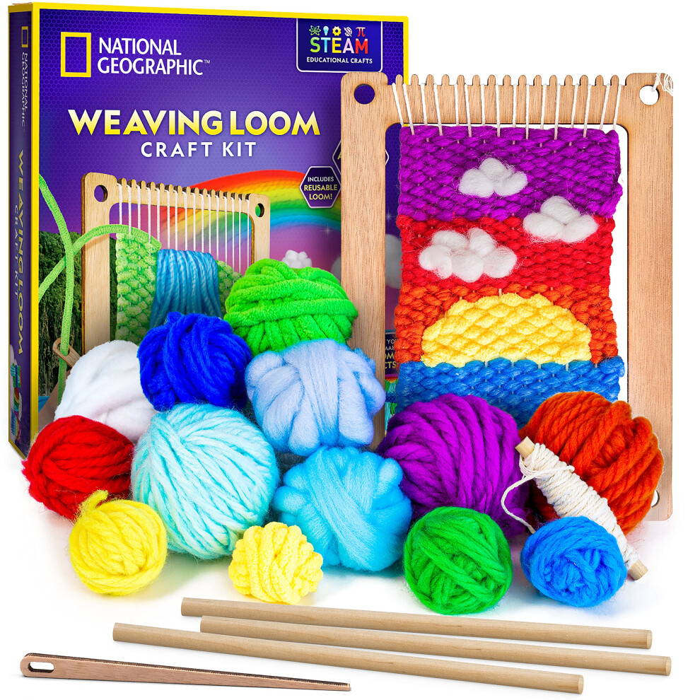 NATIONAL GEOGRAPHIC Wooden Arts and Crafts Loom Weaving Kit - Yarn and