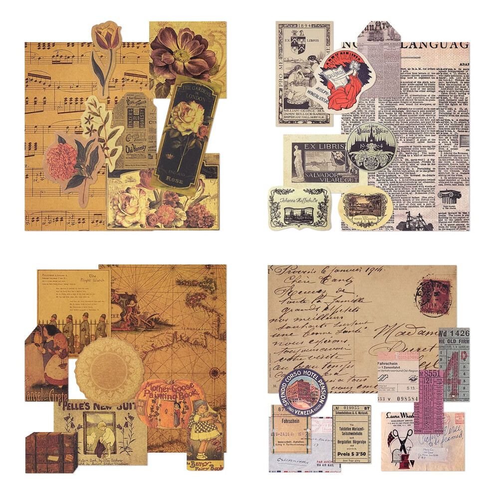 4 Confezioni Carta Modello Vintage Carta Per Album Carta Decorativa Carta Kraft Con Stampa Su Un Solo Lato Varie Dimensioni E Forme Per La Fabbricazione Di Cartoncini Carta Artigianale (Artistic)-image