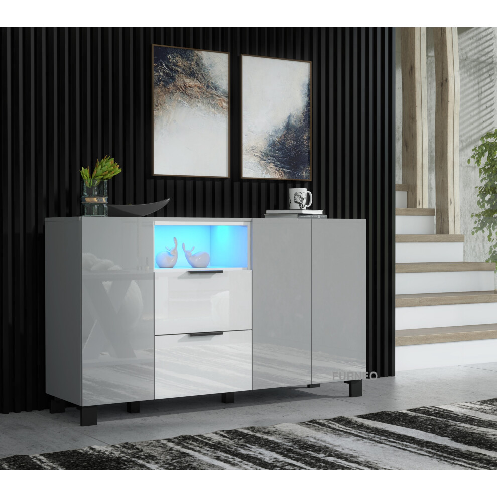 (No LED Lights ) Furneo Sideboard Grey White High Gloss Matt Cabinet Cupboard Unit White LED Lights Enzo 16