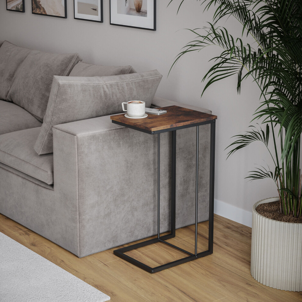(Rustic Brown) C Shaped Side End Table Coffee Snack Living Room Bedside Under Sofa Metal Frame