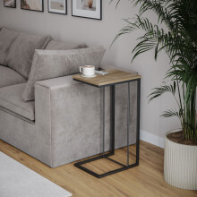 (Oak) C Shaped Side End Table Coffee Snack Living Room Bedside Under Sofa Metal Frame
