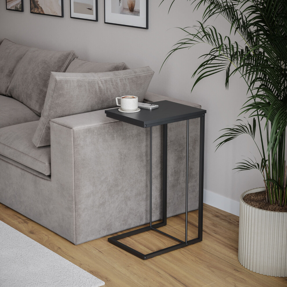 (Black) C Shaped Side End Table Coffee Snack Living Room Bedside Under Sofa Metal Frame