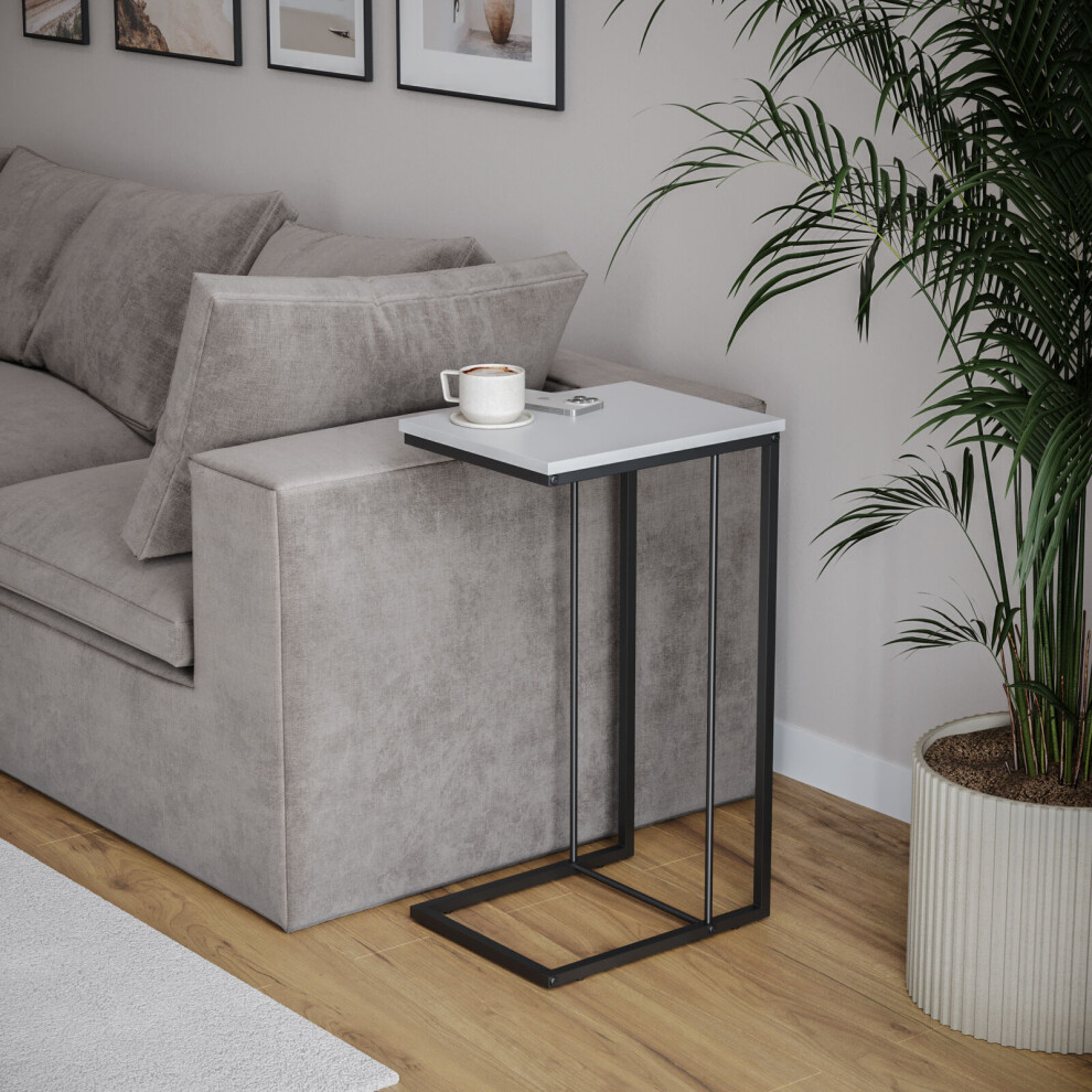 (White) C Shaped Side End Table Coffee Snack Living Room Bedside Under Sofa Metal Frame