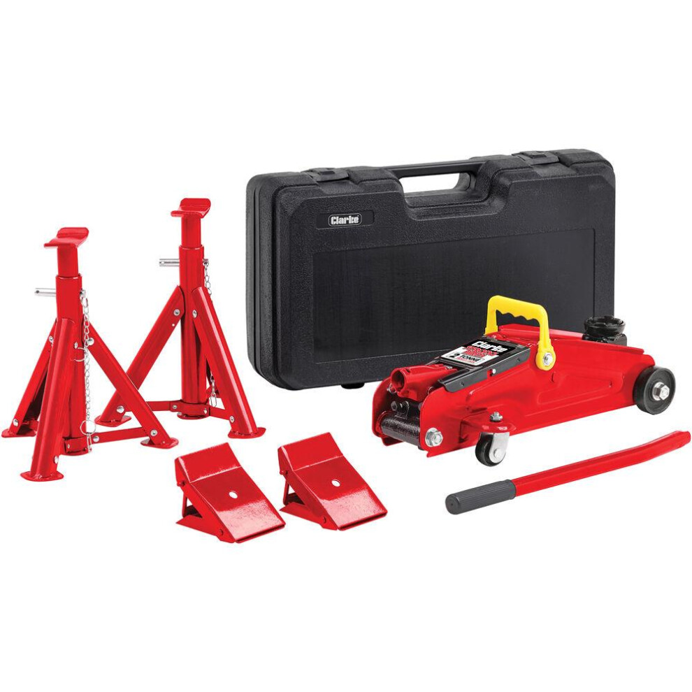 Clarke Trolley Jack 2 Tonne Ton Hydraulic Wheel Chocks & Axle Stand Set Cglk1