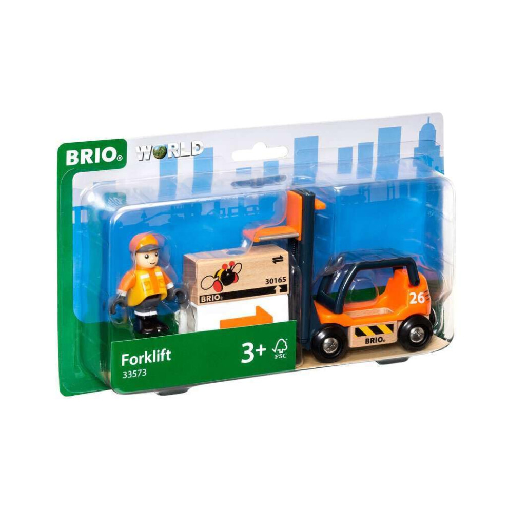 BRIO World 33573 - Wooden Toy Train Fork Lift Set - Interactive Play f