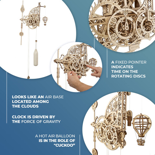 UGEARS Aero Clock 3D Ξύλινα Παζλ 300+ κομμάτια για Ενήλικες DIY Μηχανικό Ρολόι 2
