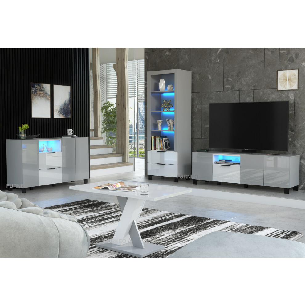 (Blue LED Lights ) Furneo Living Room Set TV Stand Display Cabinet Sideboard Coffee Table Grey White High Gloss Matt LED Lights Enzo 2/14/16/18