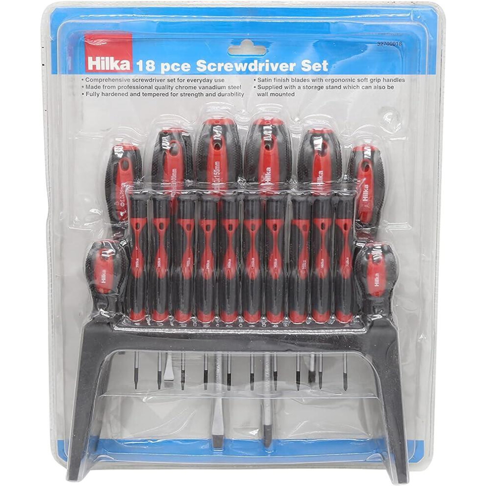 Hilka Screwdriver Set 18pc In Storage Rack Flat Slotted Phillips 32700018