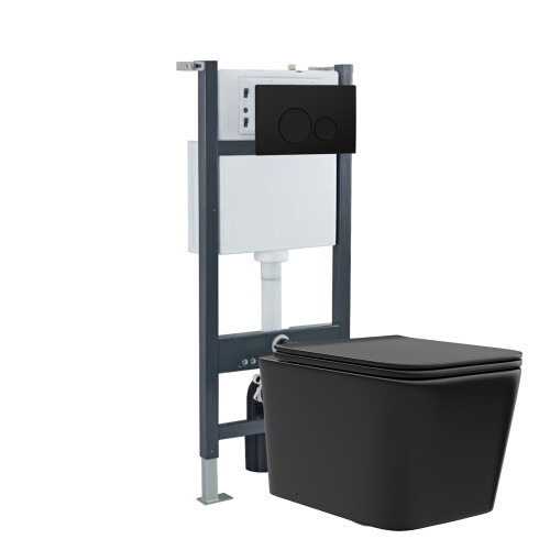 NES Home Nes Home Matt Black Square WH Toilet Top/Front Frame & Round Button Flush Plate