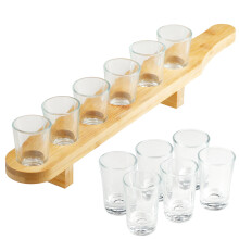 GEEZY Set of 6 Glass Shot Glasses Wooden Bamboo Holder Shot Paddle Board 40ml