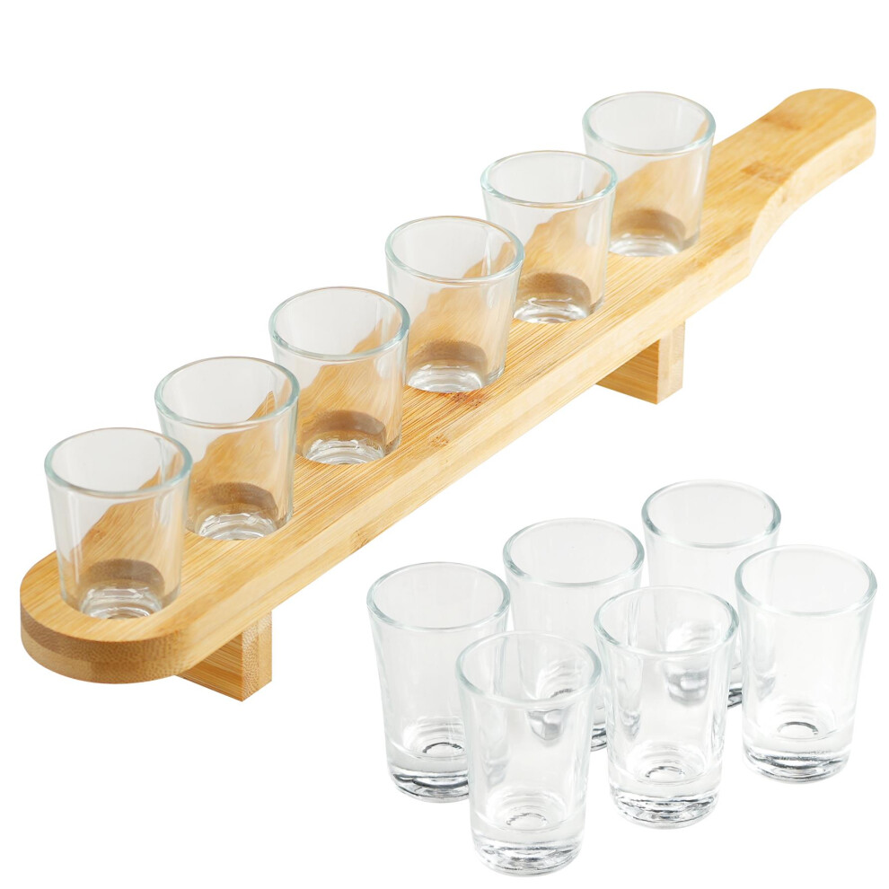 GEEZY Set of 6 Glass Shot Glasses Wooden Bamboo Holder Shot Paddle Board 40ml