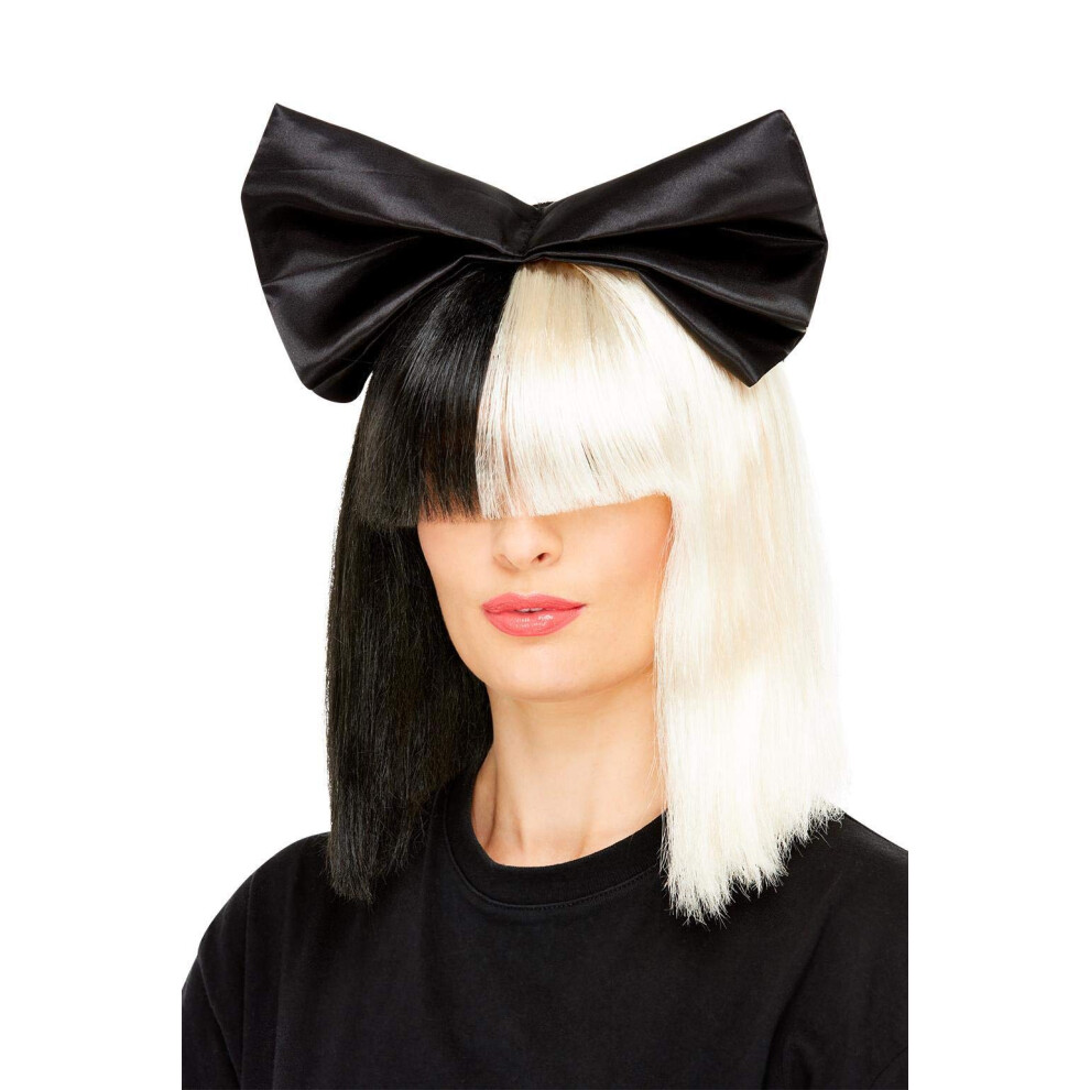 Smiffys Two Tone Popstar Wig  Black & White with Bow & Fringe  Icons &