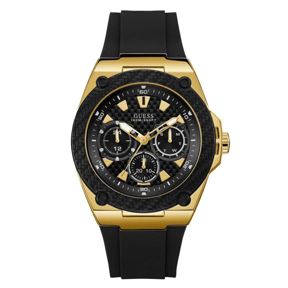 GUESS Comfortable Black Stain Resistant Silicone Watch with Gold-Tone