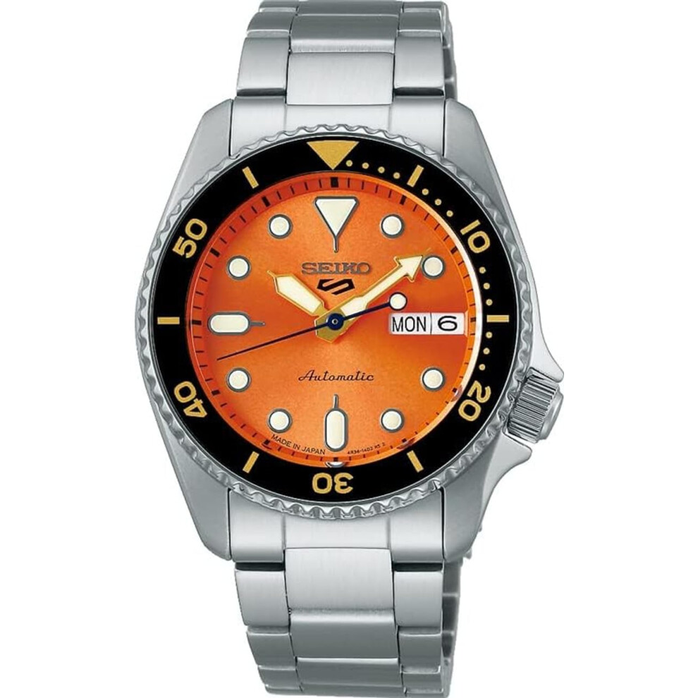 SEIKO Men's Pumpkin Orange Satin Dial Silver Stainless Steel Band 5 Sp