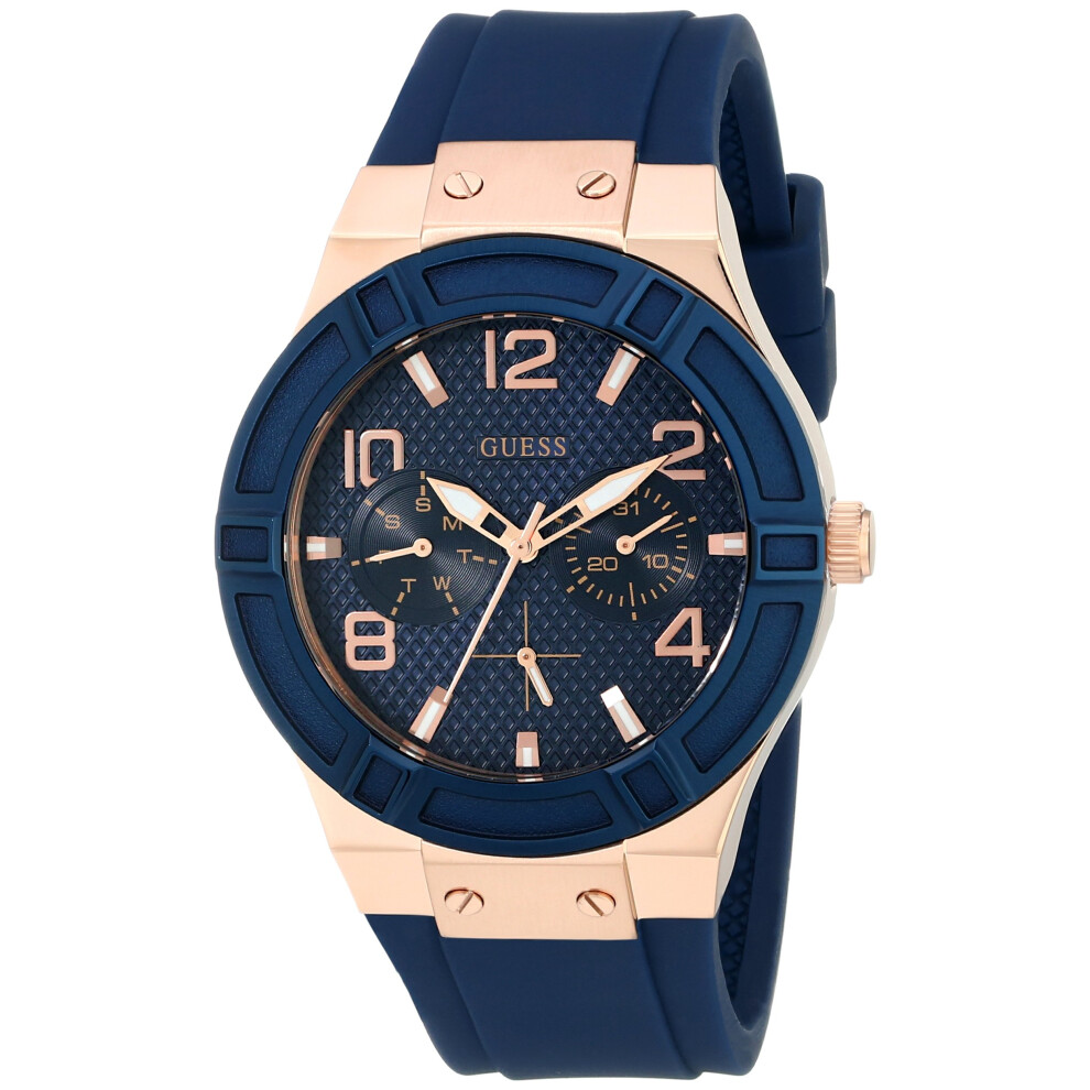 GUESS Women's Rose Gold-Tone Dial with Iconic Blue Stain Resistant Sil