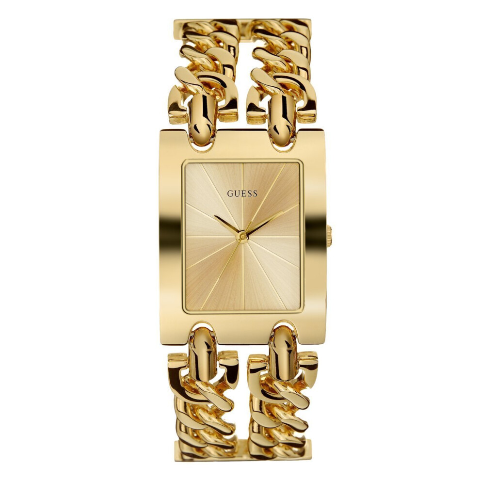 GUESS Gold-Tone Multi-Chain Bracelet Watch with Self-Adjustable Links.