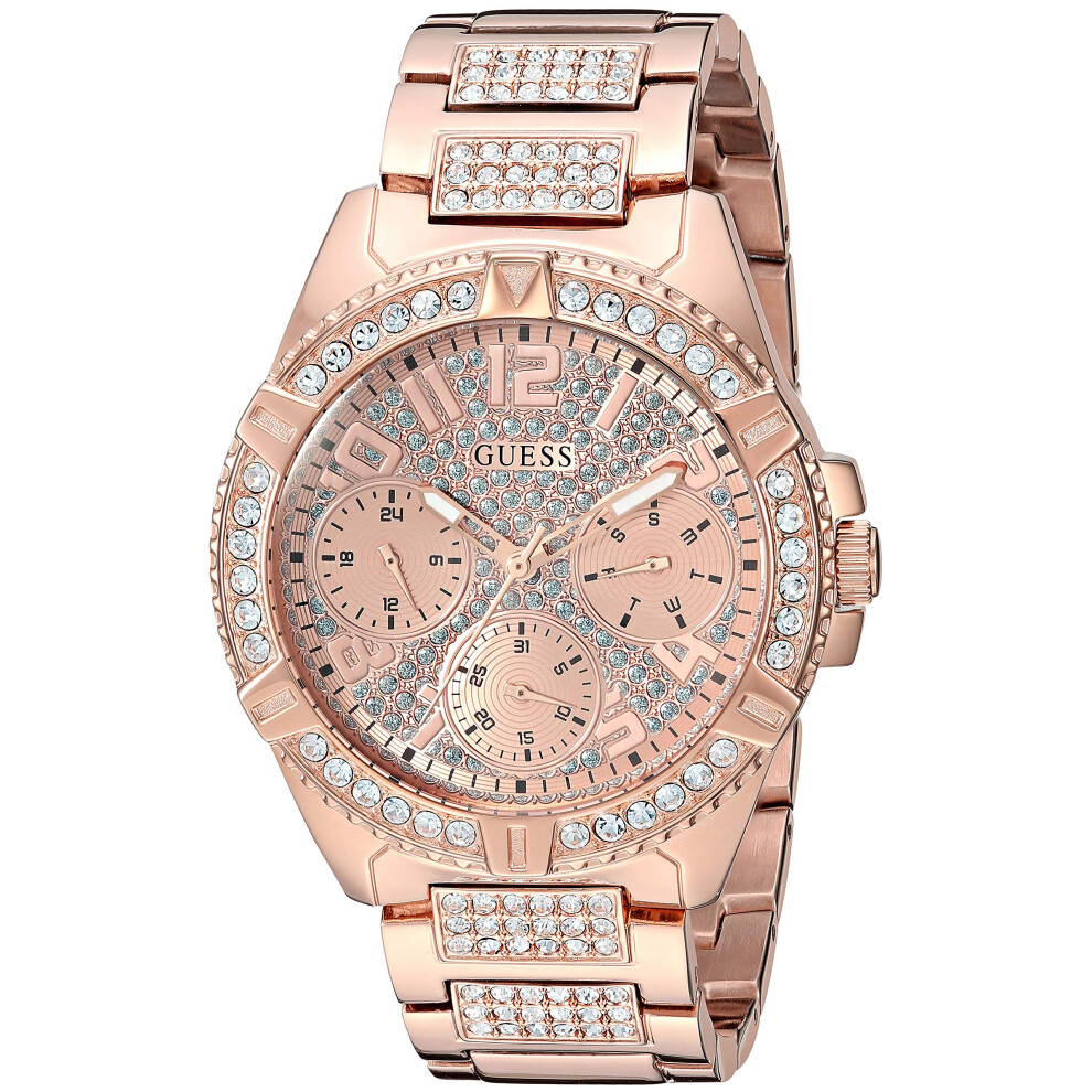 GUESS Rose Gold-Tone Stainless Steel Crystal Watch with Day  Date + 24