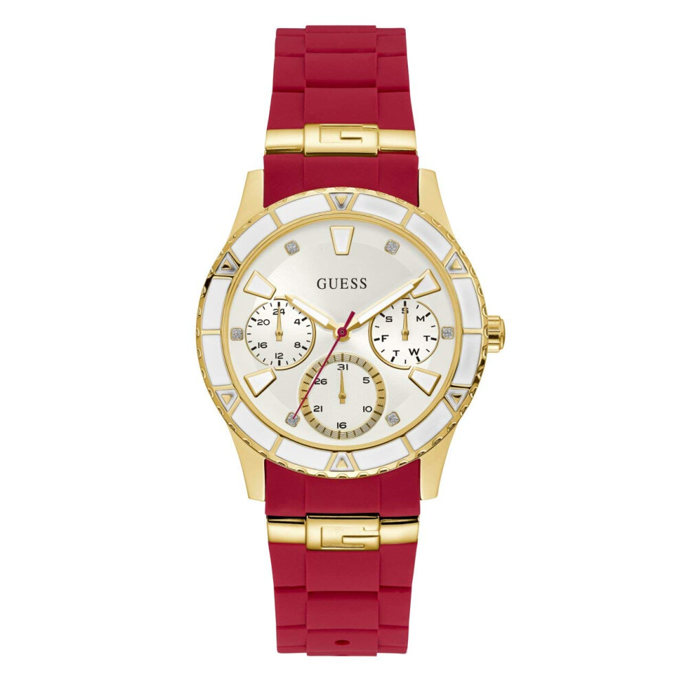 GUESS Gold-Tone + Iconic Red Stain Resistant Silicone Watch with Day