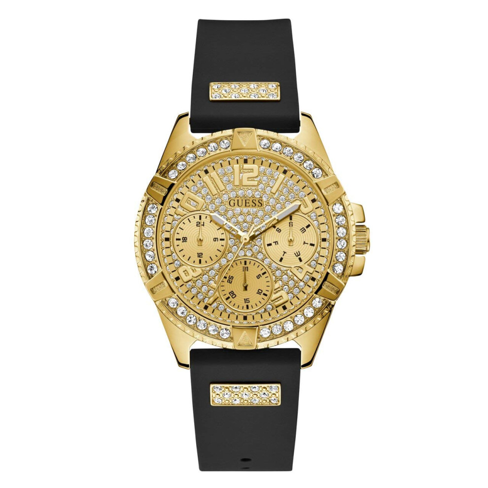 GUESS Gold-Tone Stainless Steel Crystal Encrusted Dial with Black Stai